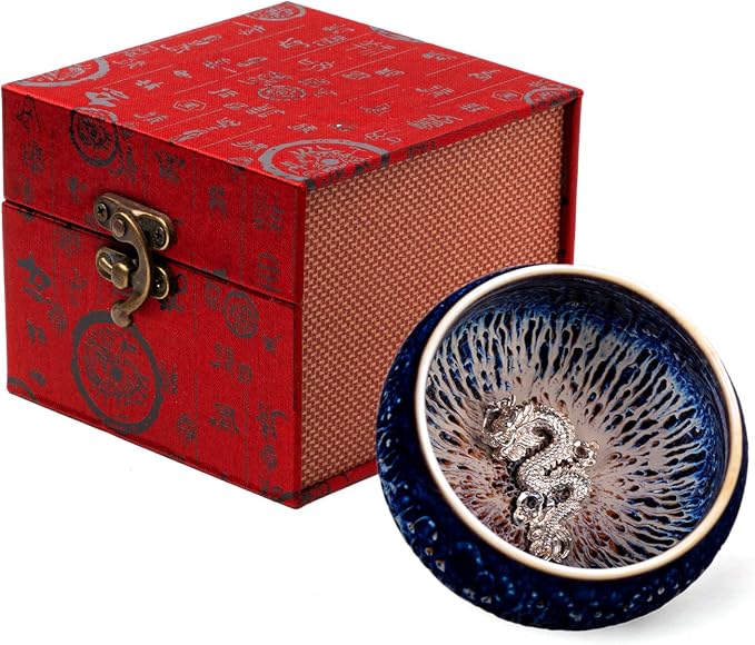 Tenmoku Ceramic Tea Cup with Dragon, 3 oz Chinese Small Teacup | Handmade by HOHCNA