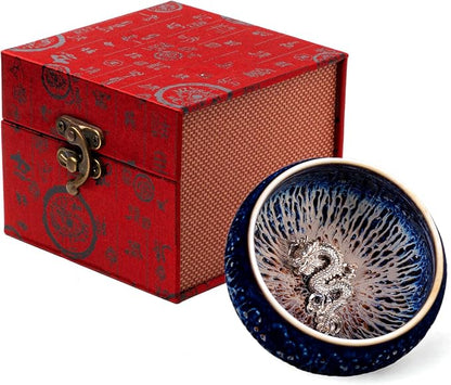 Tenmoku Ceramic Tea Cup with Dragon, 3 oz Chinese Small Teacup | Handmade by HOHCNA