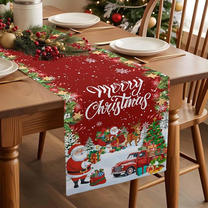 Merry Christmas Table Runner 60 Inches Long, Santa Xmas Tree Snowflake Table - Image 3