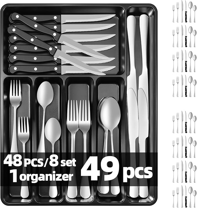 49 Pcs Silverware Set with Organizer, Stainless Steel Flatware Cutlery Set by WISKEMA