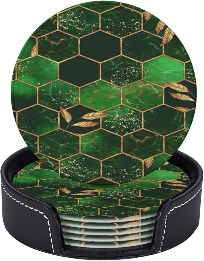 6 Pcs Leaves Marble Honeycomb Plaid Geometric Abstract Green Leather Coasters by Jfniub