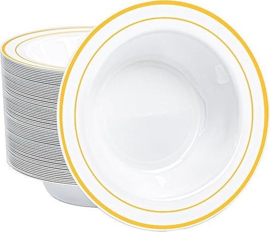 100 PCS Plastic Bowls with Gold Rim, 12oz Premium Heavy Duty Soup Bowls, Dessert and Salad Bowls for Party, Wedding and Holiday