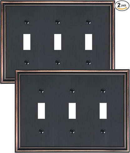 2-Pack Triple Toggle Light Switch Cover Plate, Durable Solid Zinc Alloy Decorative Switch Plate Covers, Aged Bronze 3 Gang Wall Plate, Corrosion Resistant
