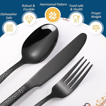 20 Piece Black Modern Flatware Set Hammered Silverware Set Stainless Steel Fine - Image 4