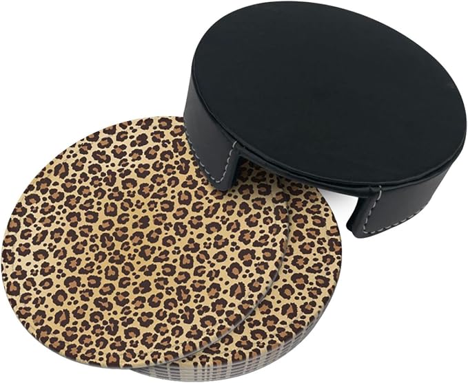 6 Pcs Animal Leopard Cheetah Print Brown Leather Coasters - Image 4