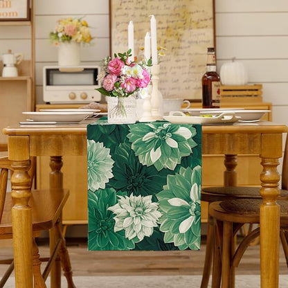 Deep Green Dahlia Flower Summer Table Runner Green Gray Burlap Table Runners - Image 4