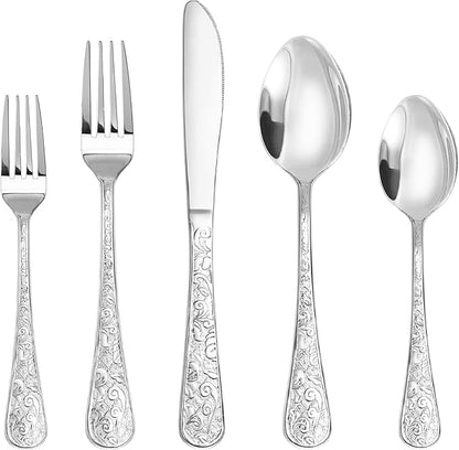 Runfly Vintage Carved Silver Stainless Steel 20-Piece Flatware Set | Silverware by Runfly