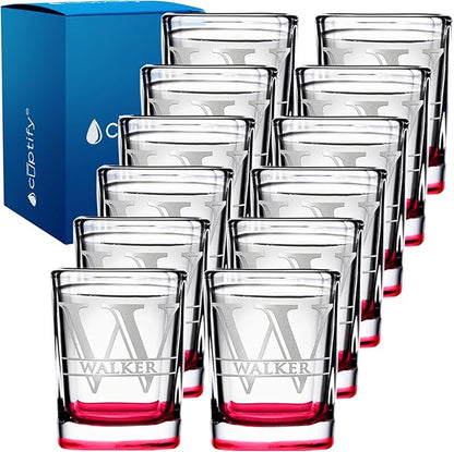 Personalized Square Shot Glasses Set of 12 Red Bottom 2oz Engraved Initial and Name Custom Gifts, Weddings, Birthdays, Party, Event, Decorations