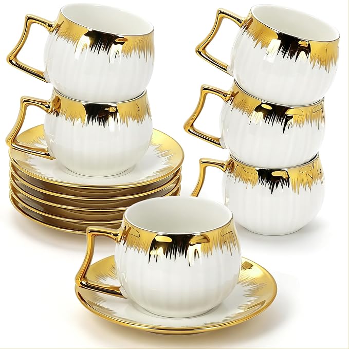 3.5 OZ Espresso Cups with Saucers, Ceramic Coffee Cup Set of 6, Turkish Coffee by Hebaogugu