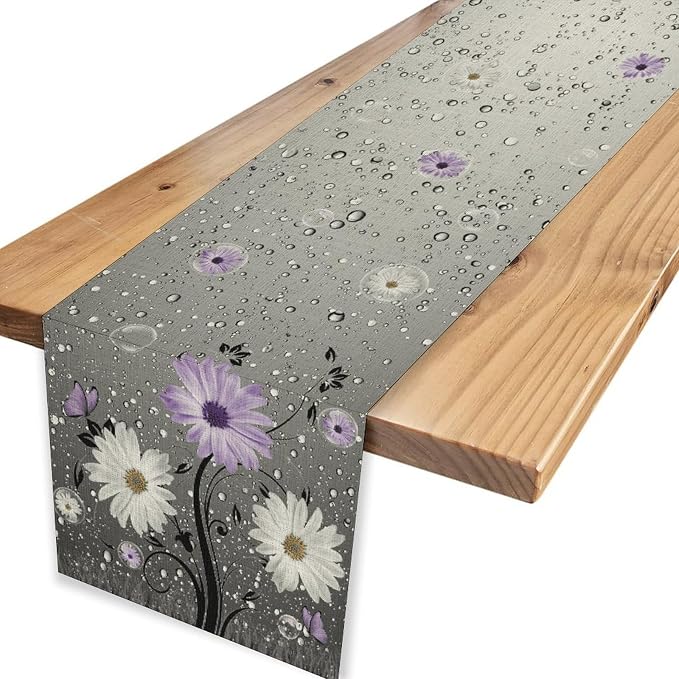 Farmhouse Purple Floral Table Runner, Rustic Spring Floral Flower Wooden Boards - Image 4