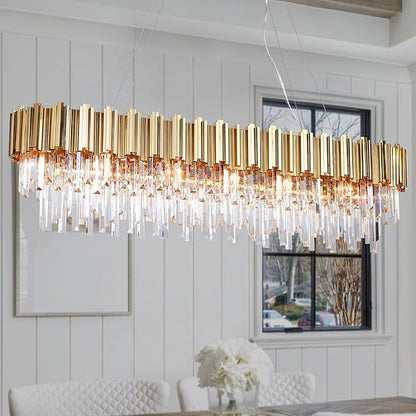 L51.2 Gold Rectangle Crystal Chandelier for Dining Room Modern Luxury Linear Light Fixture for Kitchen Island Contemporary Pendant Ceiling Light Oval Raindrop Chandelier Lighting 19-Light
