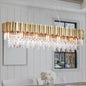 L51.2 Gold Rectangle Crystal Chandelier for Dining Room Modern Luxury Linear Light Fixture for Kitchen Island Contemporary Pendant Ceiling Light Oval Raindrop Chandelier Lighting 19-Light