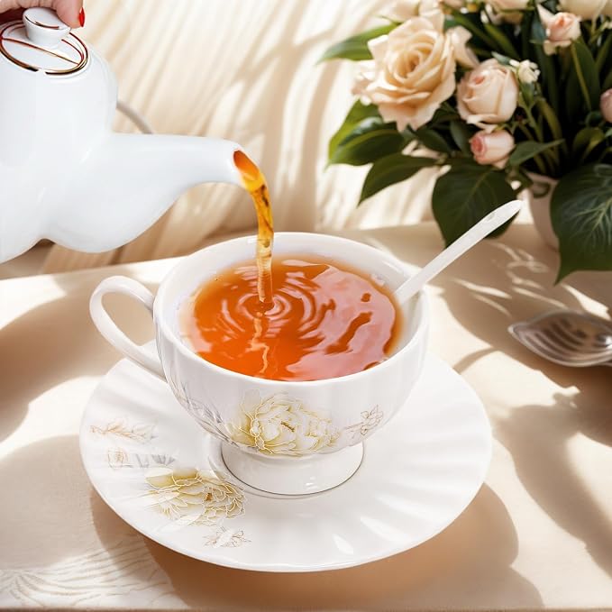WRINGKIT Tea Cups and Saucers Set of 6, 7 Oz, Microwave Safe | Elegant - Image 3