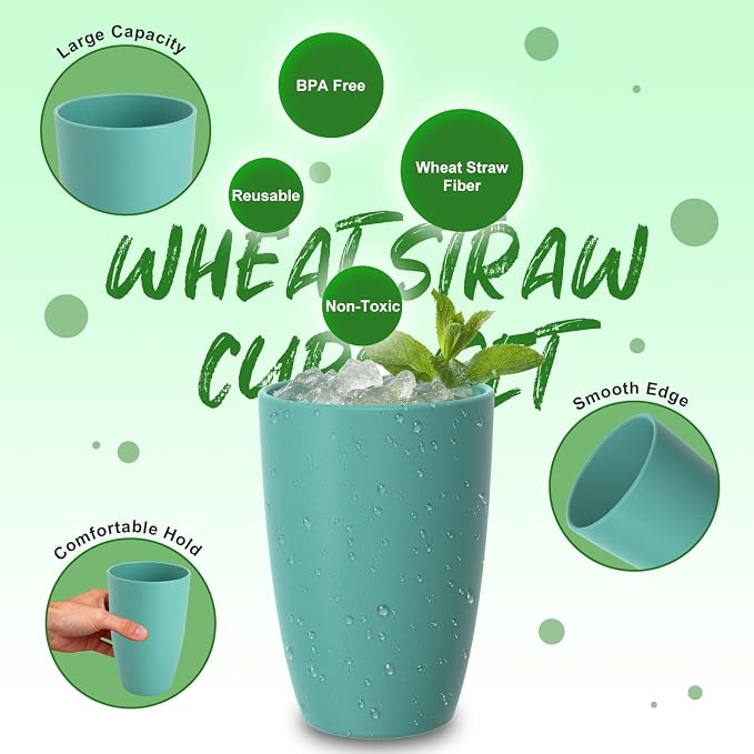 Wheat Straw Cups Set of 6, Unbreakable 20 OZ Reusable Cups, Alternative Plastic - Image 2