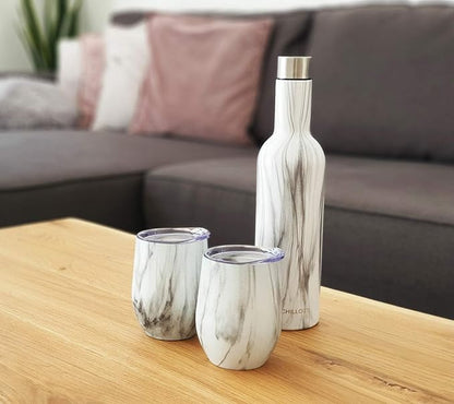 CHILLOUT LIFE 12 oz Stainless Steel Wine Tumblers 2 Pack & 1 Insulated Wine Bottle - Double Wall Vacuum Insulated Wine Glasses Cups with Lids and Straws Set Keeping Cold & Hot Gift Set