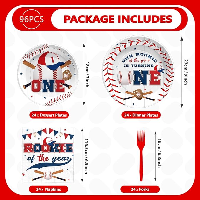 Greencian 96PCS Baseball 1st Birthday Party Decorations Baby Boy Serves 24 | - Image 3