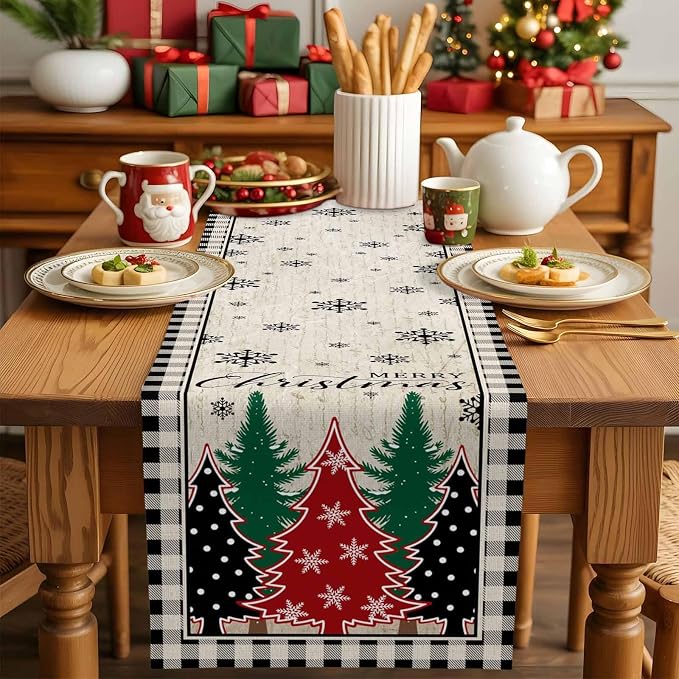 Christmas Trees Table Runner 36 Inches Long, Xmas Snowflake Retro Table Runners - Image 5