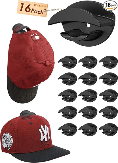HOUSE DAY Adhesive Hat Hooks for Wall 16 Pack, Strong Hat Rack for Baseball Cap Display Organizer, Hats Holder for Wall, Door, Closet, No Drilling, Black