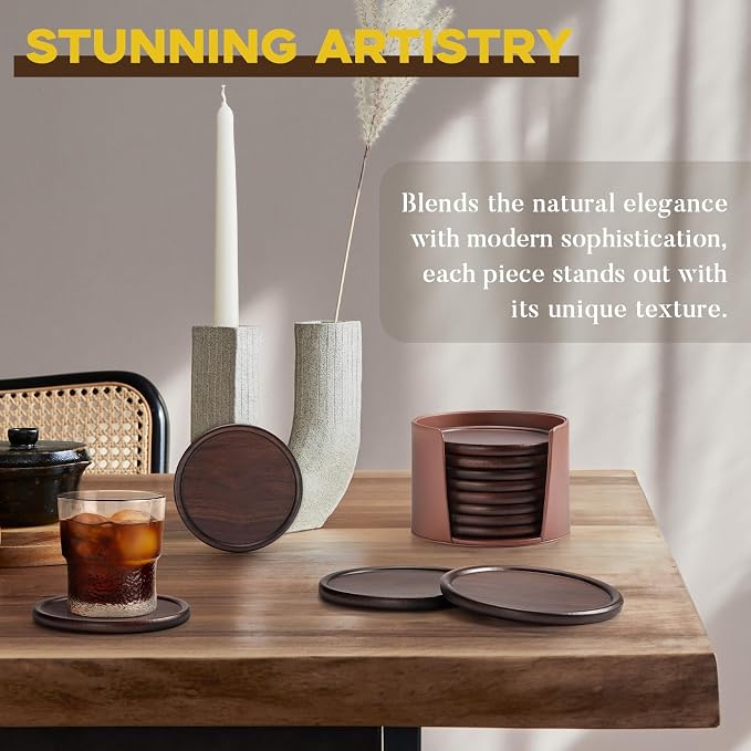 Wood Coasters with Leather Holder, GOH DODD Set of 8 Walnut Wooden Coaster - Image 3