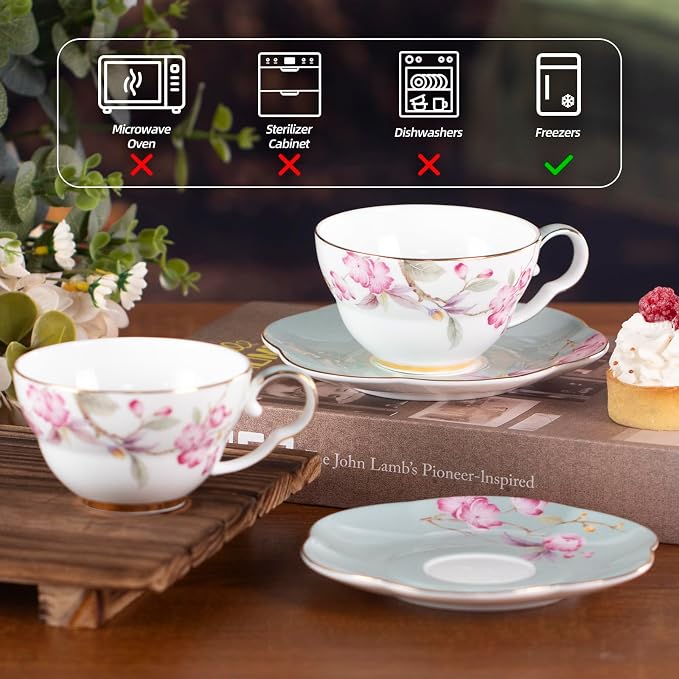 KAMMAK Tea Cups Set of 2, Ceramic Floral Pattern Demitasse Cup | Porcelain - Image 7