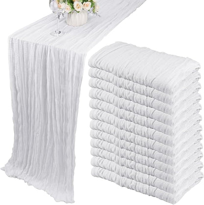 12 Pack 10Ft Cheesecloth Table Runner 35x120 Inch Boho Gauze Table Runner Rustic Cheese Cloth Long Romantic Table Runners for Wedding Bridal Shower Birthday Party Table Decor (White)