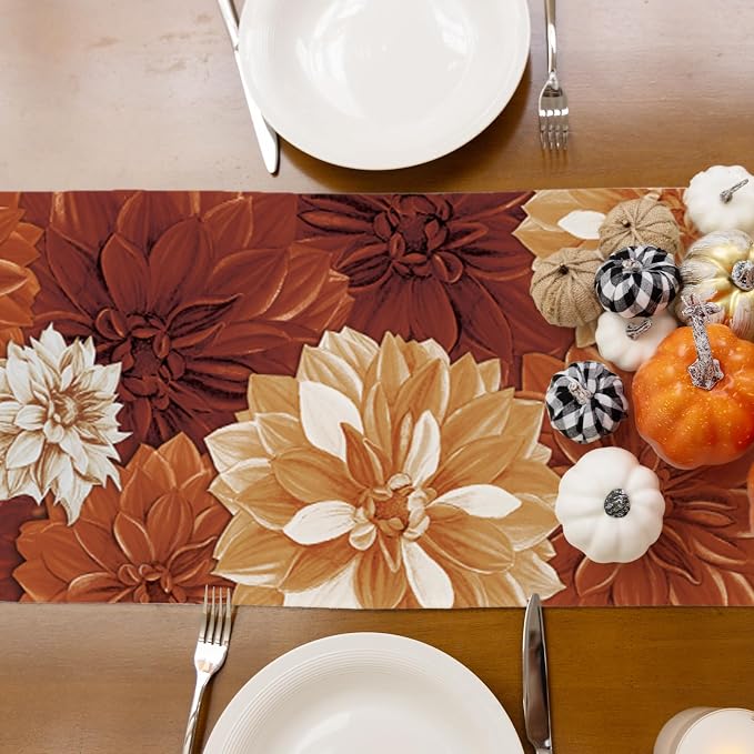 Vintage Orange Dahlia Flower Autumn Table Runner Fall Floral Burlap Table - Image 8
