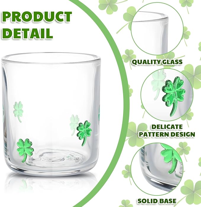 Icon Juice Glasses, 14oz Stemless Wine Drinking Juice Glass Cup for Valentine Party Supplies Gift(2 Pcs,Clover)