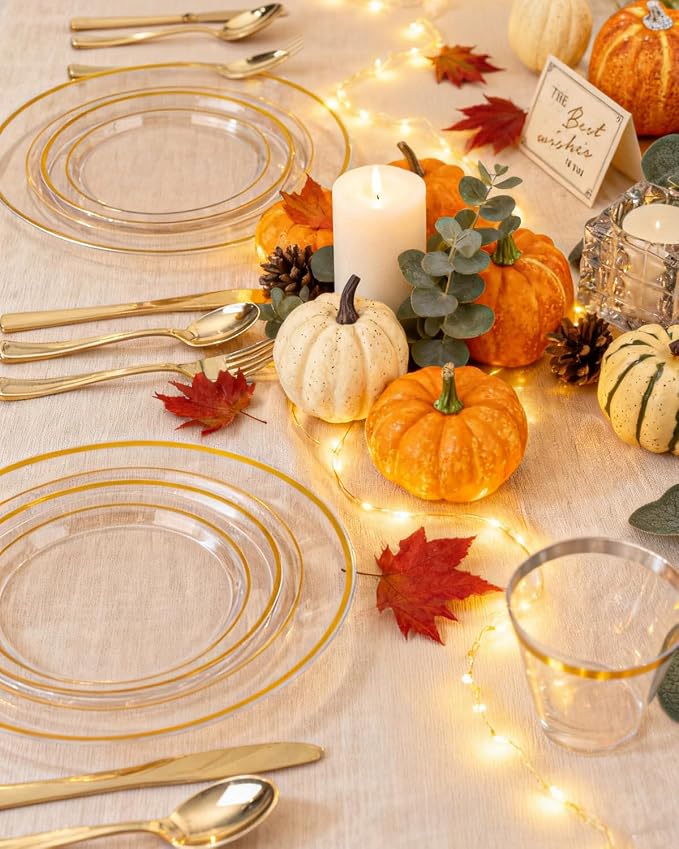 bUCLA 300Pcs Clear Gold Plastic Disposable Dinnerware Set - Image 7