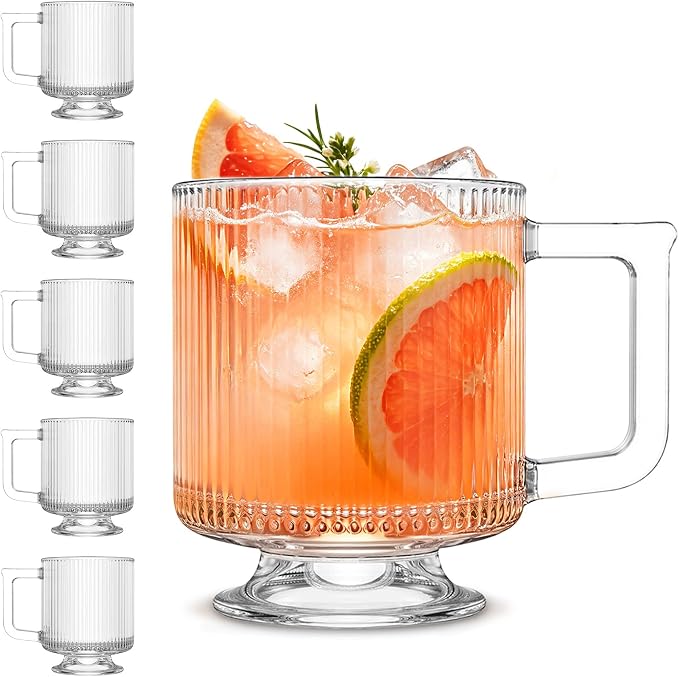 INSETLAN 6-Piece Ribbed Glass Coffee Mug Set, 10 oz Clear Glass Tea Cups by INSETLAN