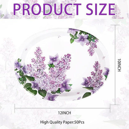 50 Pcs Lilac Oval Paper Plates Large 10" x 12" Purple Floral Plates Disposable Heavy Duty Dinner Serving Platters for Spring Summer Purple Party Supplies Baby Shower Wedding Flower Party Decorations