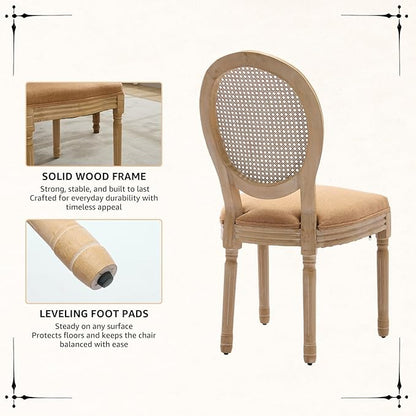 Vintage French Rattan Dining Chairs Set of 2, Round Back Accent Chairs with Rattan Backrest and Upholstered Linen Seat, Solid Wood Frame Sillas de Comedor for Dining Room & Kitchen, Camel