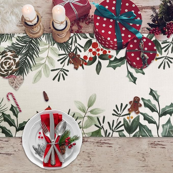 Christmas Winter Table Runner, Holly Berry Pine Cone Needle Branch Table - Image 3