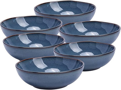 Organic Shape Highland Ceramic Serving Bowl, 6pcs 9 Inch Handmade Reactive Glaze Bowl 40oz with Wavy Edge, for Kitchen, Microwave & Dishwasher Safe, Scratch Resistant-Blue