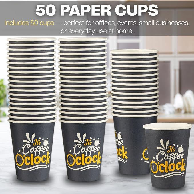 Disposable Coffee Cups, To Go Paper Hot Cups, Coffee O'Clock Design - Image 2