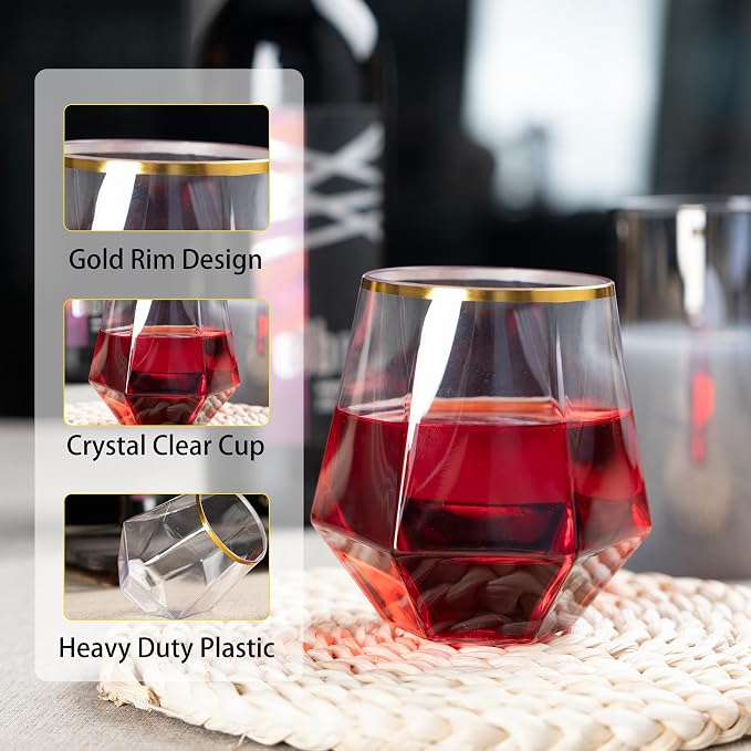 Lullaby 40PCS 12Oz Stemless Plastic Wine Glasses Gold Rim, Diamond Design | - Image 3