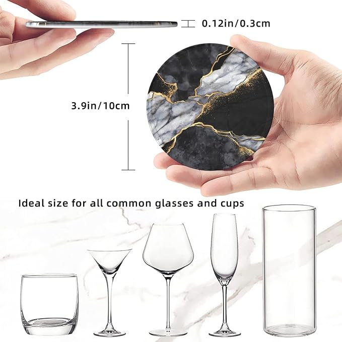 6 Pcs Black White Gray and Gold Marble Leather Coasters - Image 8