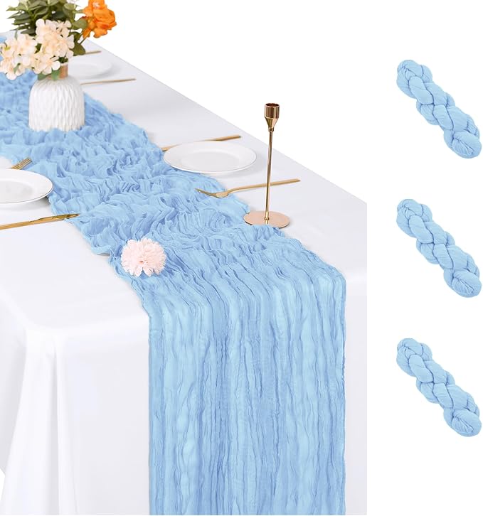 3 Pack Baby Blue Cheesecloth Table Runner, 17 x 108 inch, Semi Sheer Boho by ACSUIT