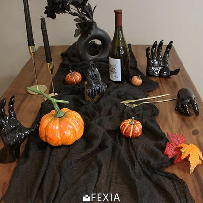 3Pcs Black Cheesecloth Table Runner Rust Boho Fall Party Decoration | 35x120 - Image 6