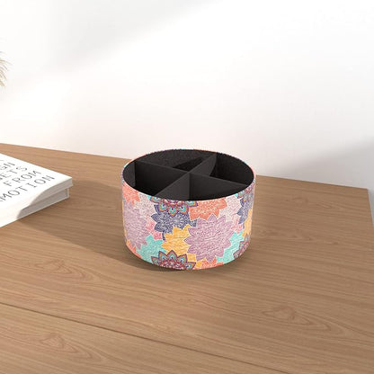 Hennaja Round Leather Art Supply Organizer,Remote Control Holder,360 Degree Rotating,Multi-Functional Pencil Holder,4 Compartments Desktop Stationary Organizer(1-Colorful Flower)