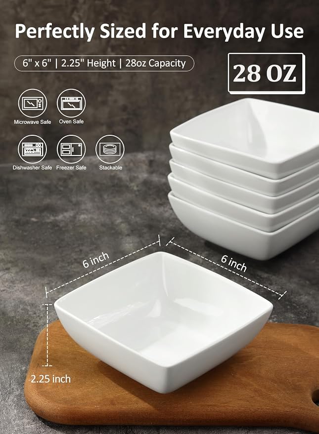 Porcelain Soup Bowls, 28 OZ Square Cereal Bowls, - Image 2