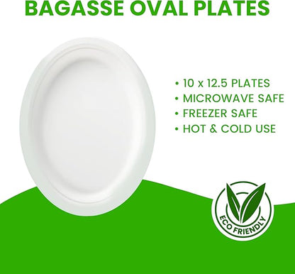 Oval Plates Disposable (125, Large) Eco-Friendly Sugarcane – Biodegradable, Compostable, Sturdy, BPA-Free, Microwave & Freezer Safe – Perfect for Parties, Weddings, Picnics & Everyday Use
