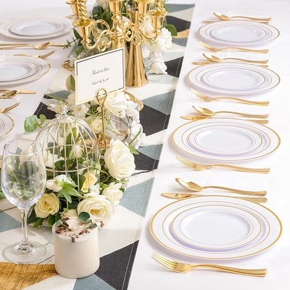 NOCCUR 200PCS Gold Plastic Plates - 100 Dinner / 100 Dessert Disposable Plates Heavy Duty - Ideal for Wedding/Party/New Year