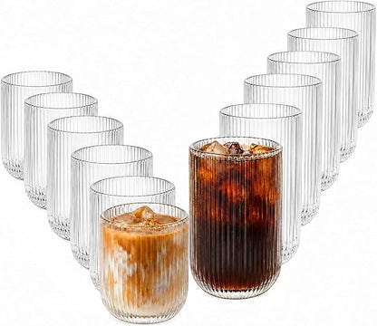 Ribbed Drinking Glasses 12pcs, Rocks Drinking Glasses 12oz and 10oz, Tumbler by Lumkit