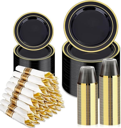 BESTVIP 350PCS Black Gold Dinnerware Set for 50 Guests, Plastic Plates for Halloween Party and Christmas, 50 Disposable Plates, 50 Dessert Plates, 50 Cups, 50 Spoons, 50 Forks and 100 Knives