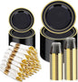BESTVIP 350PCS Black Gold Dinnerware Set for 50 Guests, Plastic Plates for Halloween Party and Christmas, 50 Disposable Plates, 50 Dessert Plates, 50 Cups, 50 Spoons, 50 Forks and 100 Knives