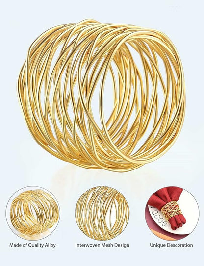 Twisted Wire Mesh Napkin Rings Holders Décor Dinner Party Wedding Christmas Gathering (Gold 12pcs)