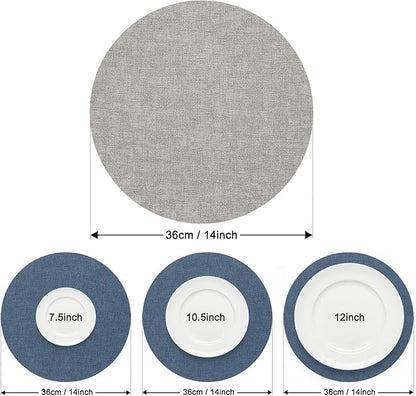 Myir JUN Reversible Vinyl Round Placemats Set of 8, Faux Leather Place Mats Dual Sided Waterproof Wipeable, Heat-Resistant Table Mats for Kitchen Dining Indoor Outdoor (14", Light Gray Navy Blue)