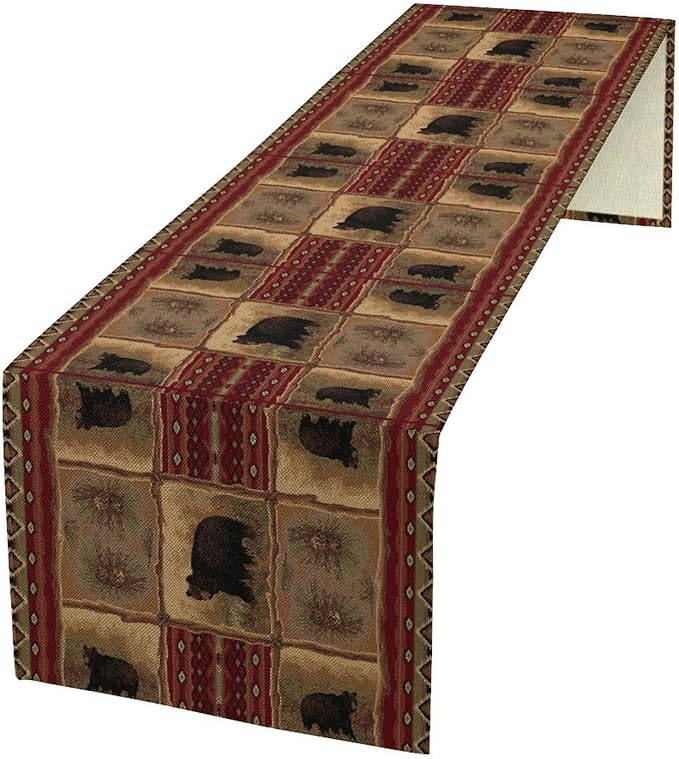 Rustic Bear Table Runner, Retro Vintage Bear Country Cabin Cottage Pine Tree by SXXLDNG