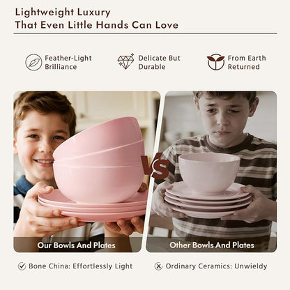 KINGSTONE Bone China Dinnerware Sets, 18-Piece Dinnerware Set for 6, Lightweight Durable, Dishwasher Safe, Tableware for Daily Use with Elegant Design, Pink