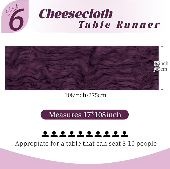 6 Pack Dark Purple Cheesecloth Table Runner, 17 x 108 Inch, Gauze Cheese Cloth - Image 2